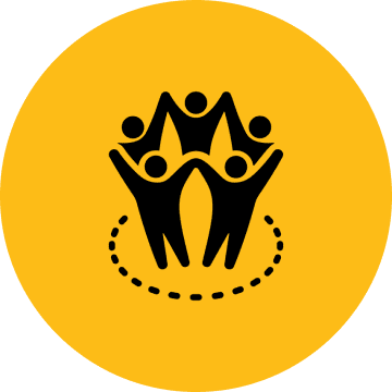 Icon of four people holding hands in a circle on an orange background.