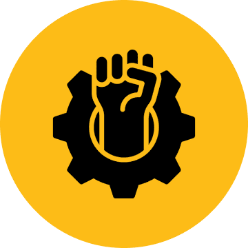 A raised fist inside a gear on a yellow background.