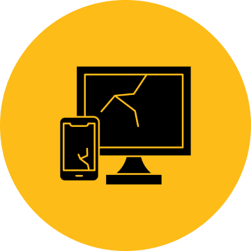 Icon of broken screen on phone and monitor with yellow background.