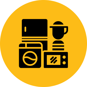 Icons of kitchen appliances and utensils in a yellow circle.