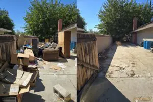Junk removal in Lancaster, CA. before and after cleanup showing cleared household junk, debris, and large trash items.