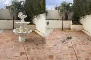 Yard waste removal in Lancaster, CA ? before and after photos showing junk, green waste, and household debris cleared beside a home.
