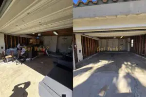 Junk removal in Littlerock, CA. before and after photo showing yard or garage cleared of trash, furniture, and debris.