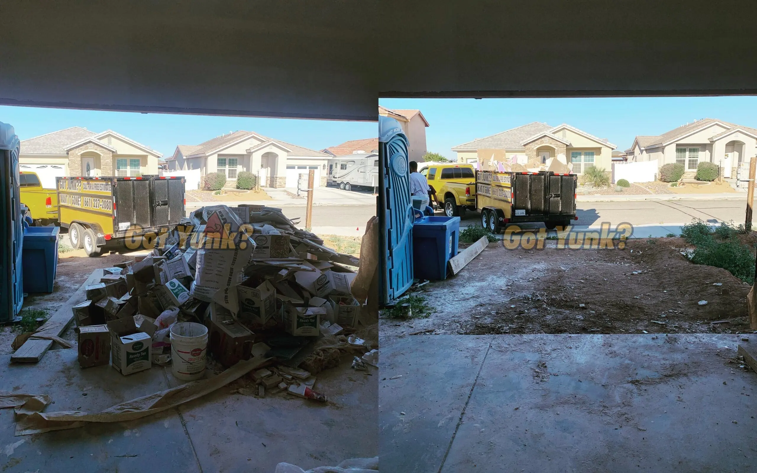 Garage junk removal in Palmdale, CA. before and after showing cardboard boxes, drywall, and bags of debris cleared from residential garage.