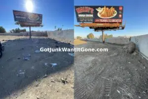 Before and after images of a cleaned-up roadside area with a billboard.