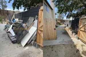 Side yard junk removal in Quartz Hill, CA ? before and after of cluttered walkway cleared of wood, frames, and debris.