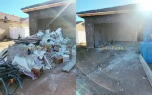 Construction junk removal in Rosamond, CA ? before and after showing large pile of drywall, cardboard, and broken materials cleared from garage.