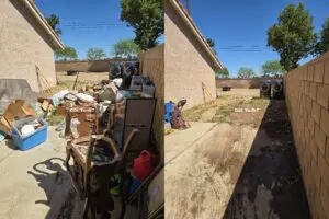 Before and after backyard junk and furniture removal service in Palmdale, California.