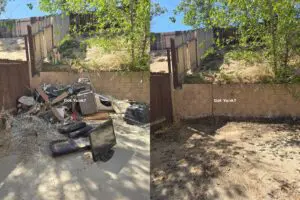Before and after backyard cleanup of electronic waste and trash in Palmdale, California.