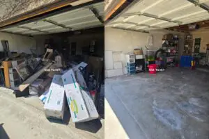 Before and after garage junk removal and decluttering in Palmdale, California.