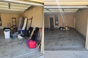 Before and after garage junk removal including mattresses and miscellaneous clutter in Palmdale, California.