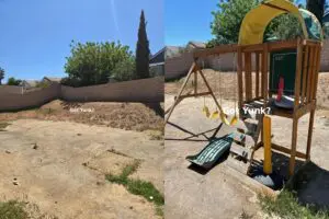 Before and after removal of backyard playset and junk in Palmdale, California.