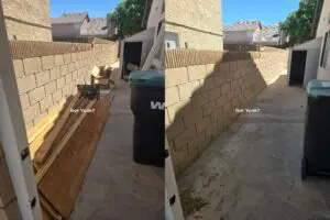 Before and after side yard junk and lumber cleanup in Palmdale, California.