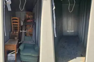 Before and after storage unit junk cleanout in Palmdale, California.