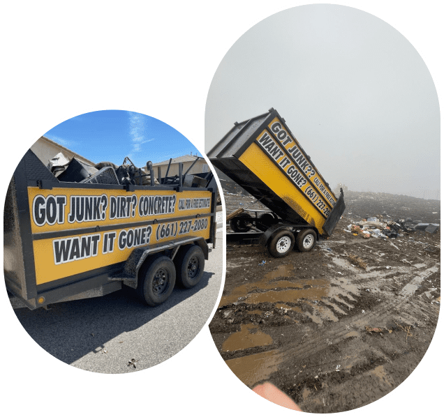 Affordable Hauling dump trailers performing junk and trash removal in Palmdale and Lancaster CA.