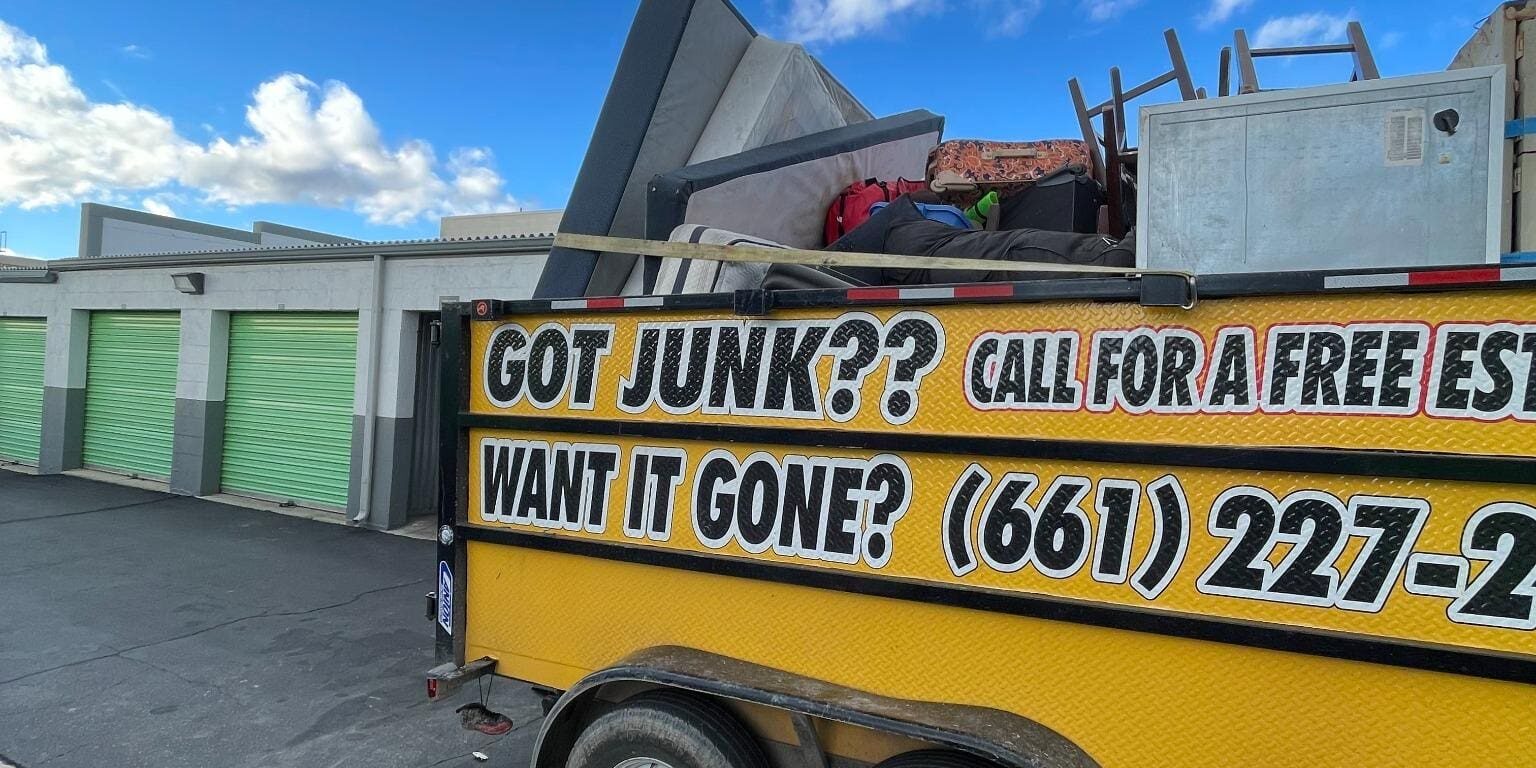 Junk removal trailer filled after a full storage unit cleanout in Palmdale.